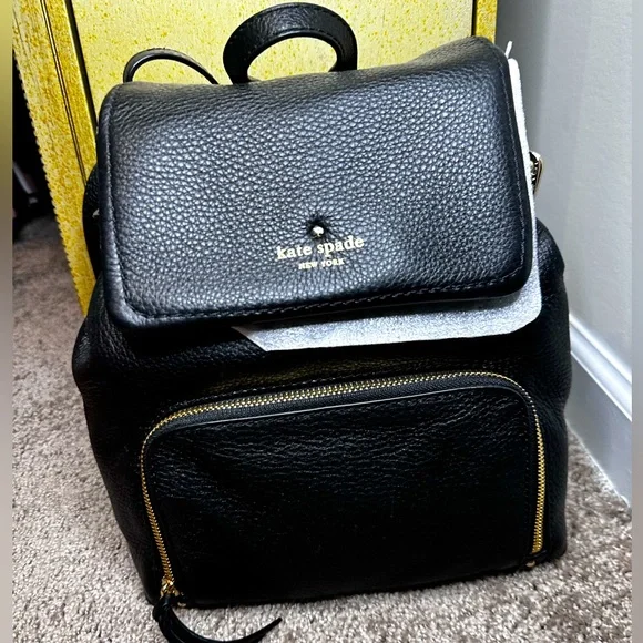 kate spade Black Pebbled Leather Flap Backpack with  silver Accents kate spade new york Backpack Black Bags & Handbags for Women  main image 3